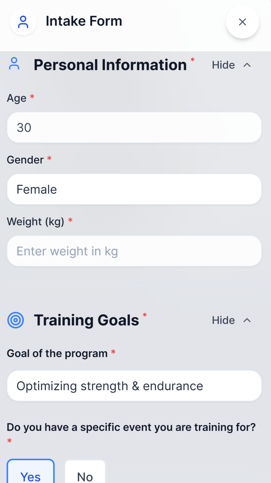ProArc intake form interface part 1